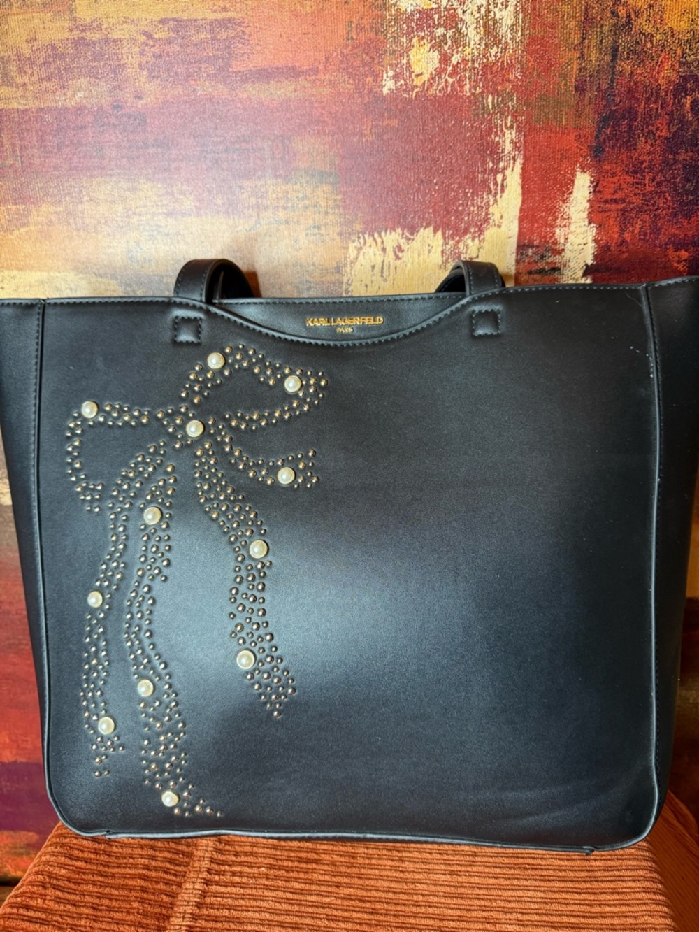 Karl Lagerfeld Black Tote with Bow Stud and Pearl Embellishments